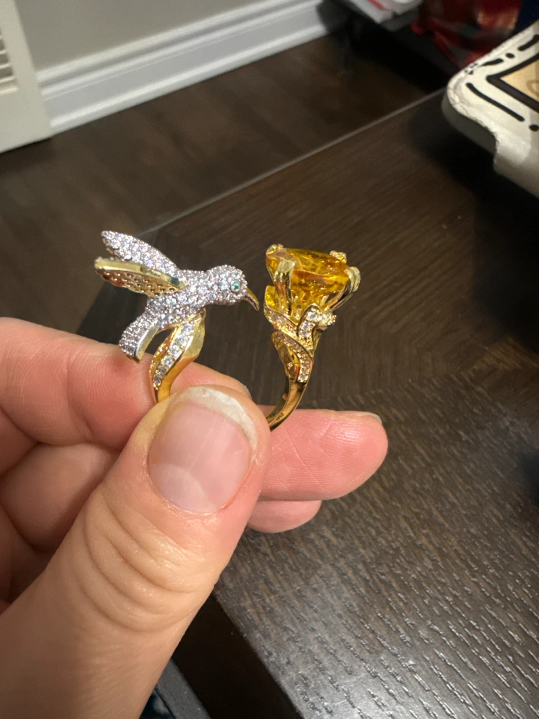 Hummingbird Ring with Yellow Stone