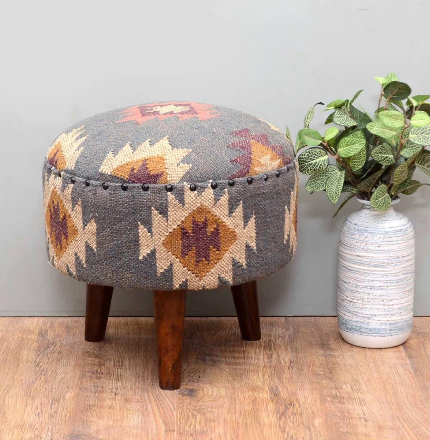 Handmade Kilim Jute Pouf Ottoman - 16" Grey Stool - photo 2