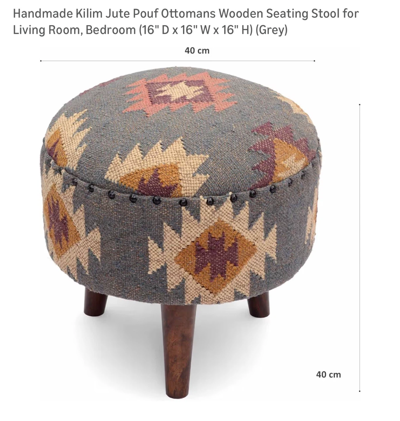 Handmade Kilim Jute Pouf Ottoman - 16" Grey Stool - photo 4