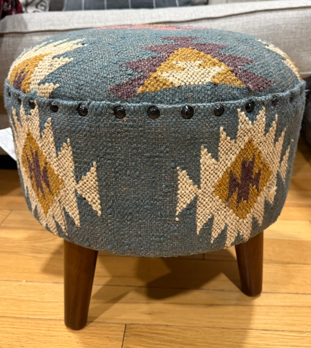 Handmade Kilim Jute Pouf Ottoman - 16" Grey Stool