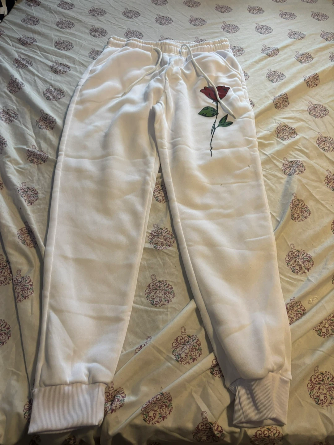 White Sweatpants with Rose Design