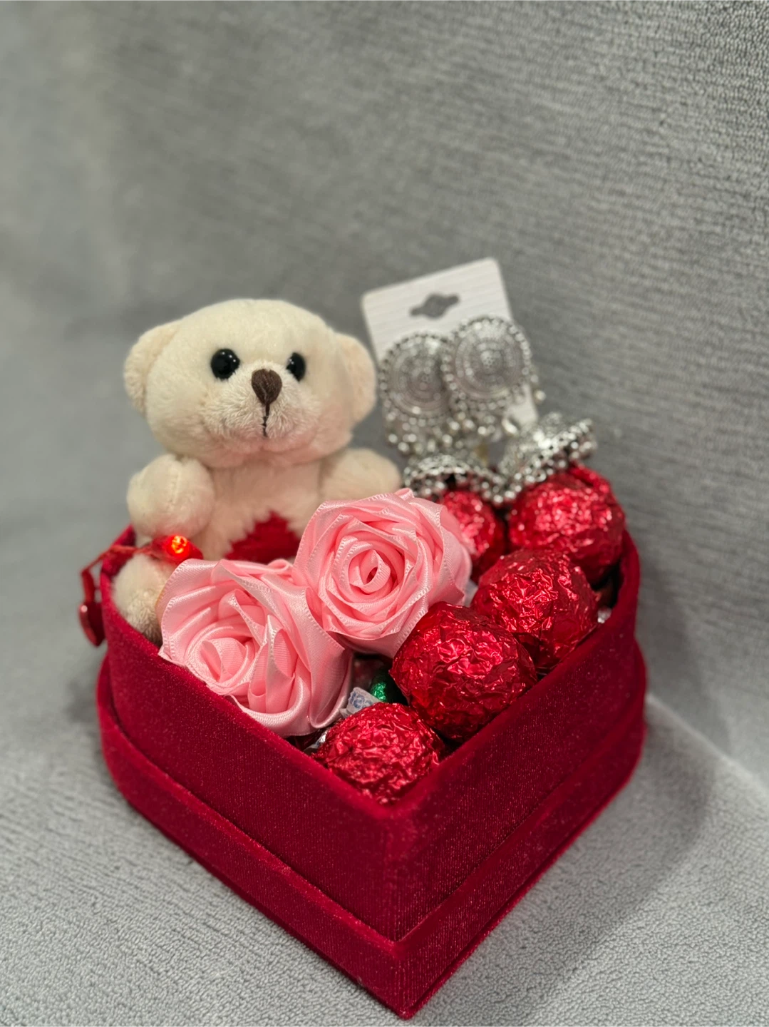 Heart Shaped Gift Box with Teddy, Roses & Earrings