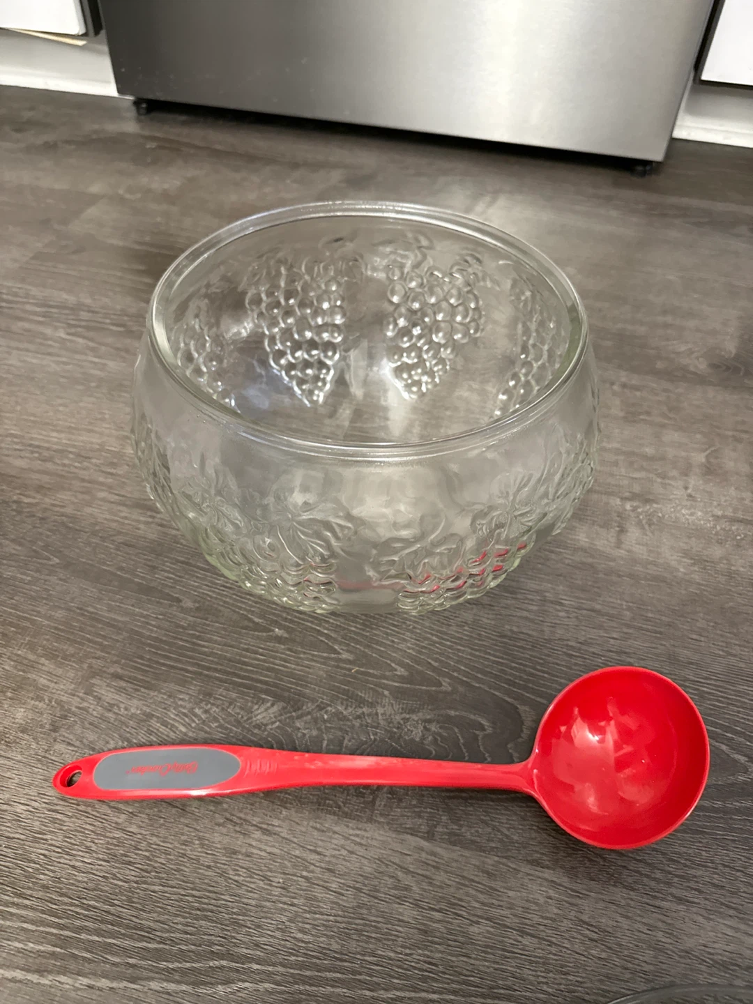 Clear Glass Punch Bowl with Grape Design