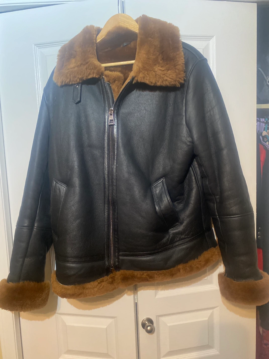 Leather Bomber Jacket with Fur Collar
