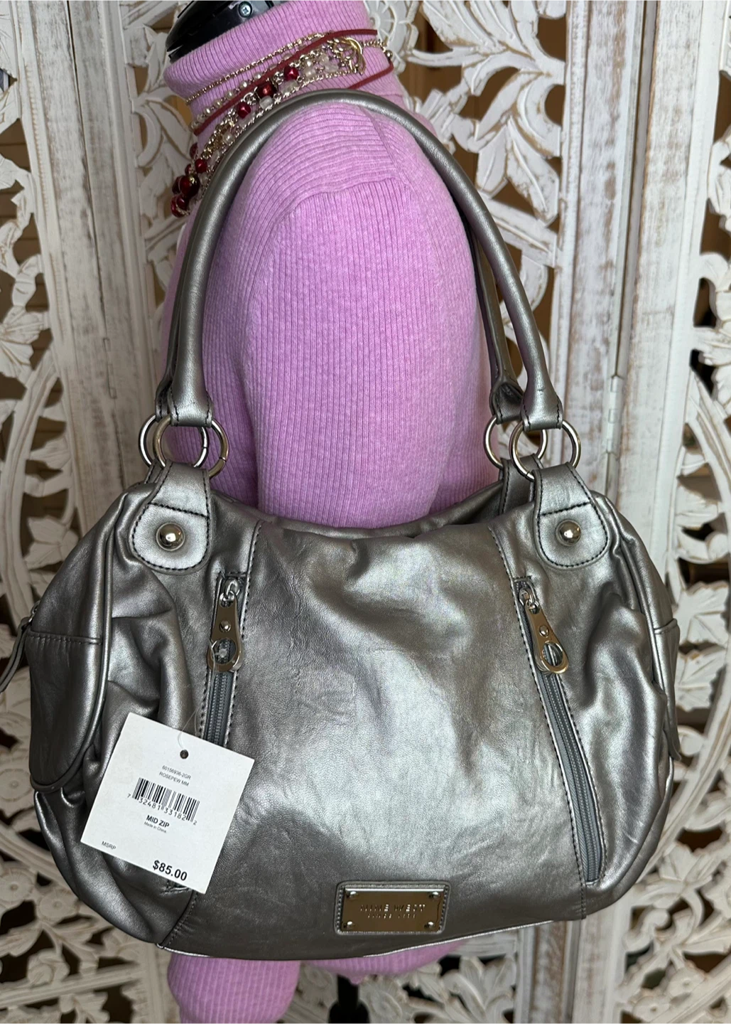 🧡 NWT Nine West Hobo Pewter Metallic Shoulder Bag Zippers - photo 2