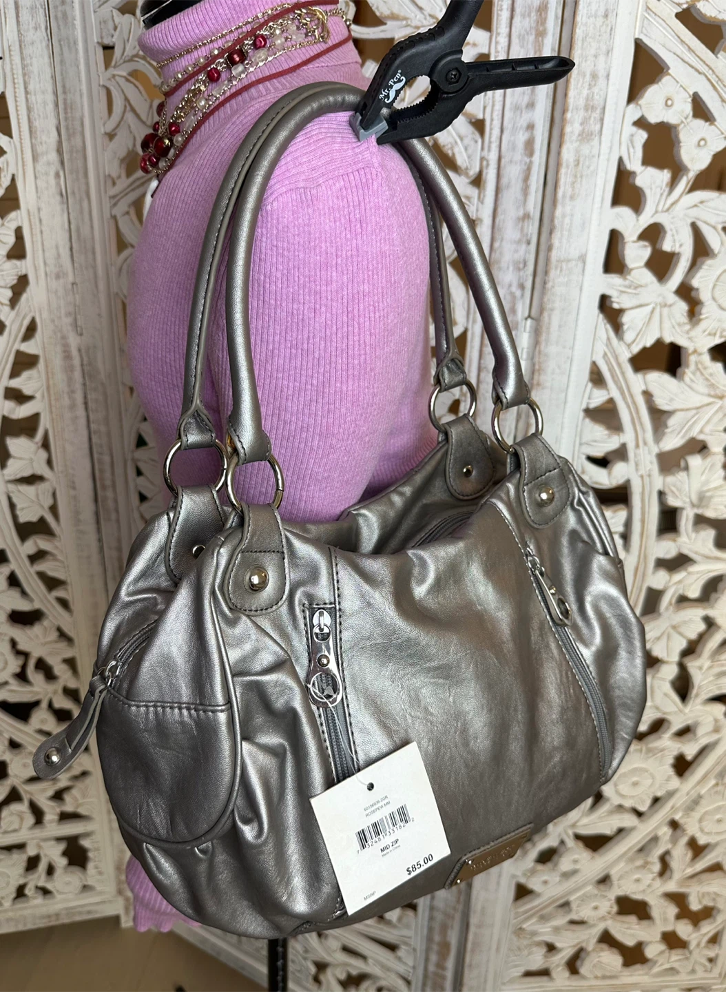 🧡 NWT Nine West Hobo Pewter Metallic Shoulder Bag Zippers - photo 3