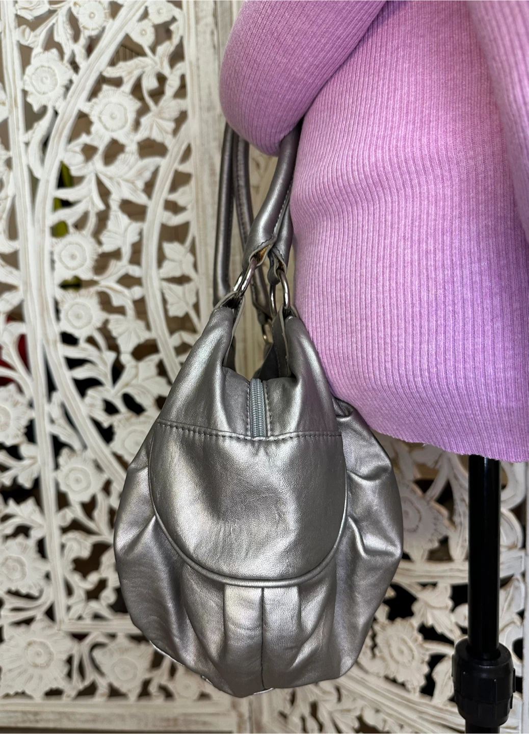 🧡 NWT Nine West Hobo Pewter Metallic Shoulder Bag Zippers - photo 4