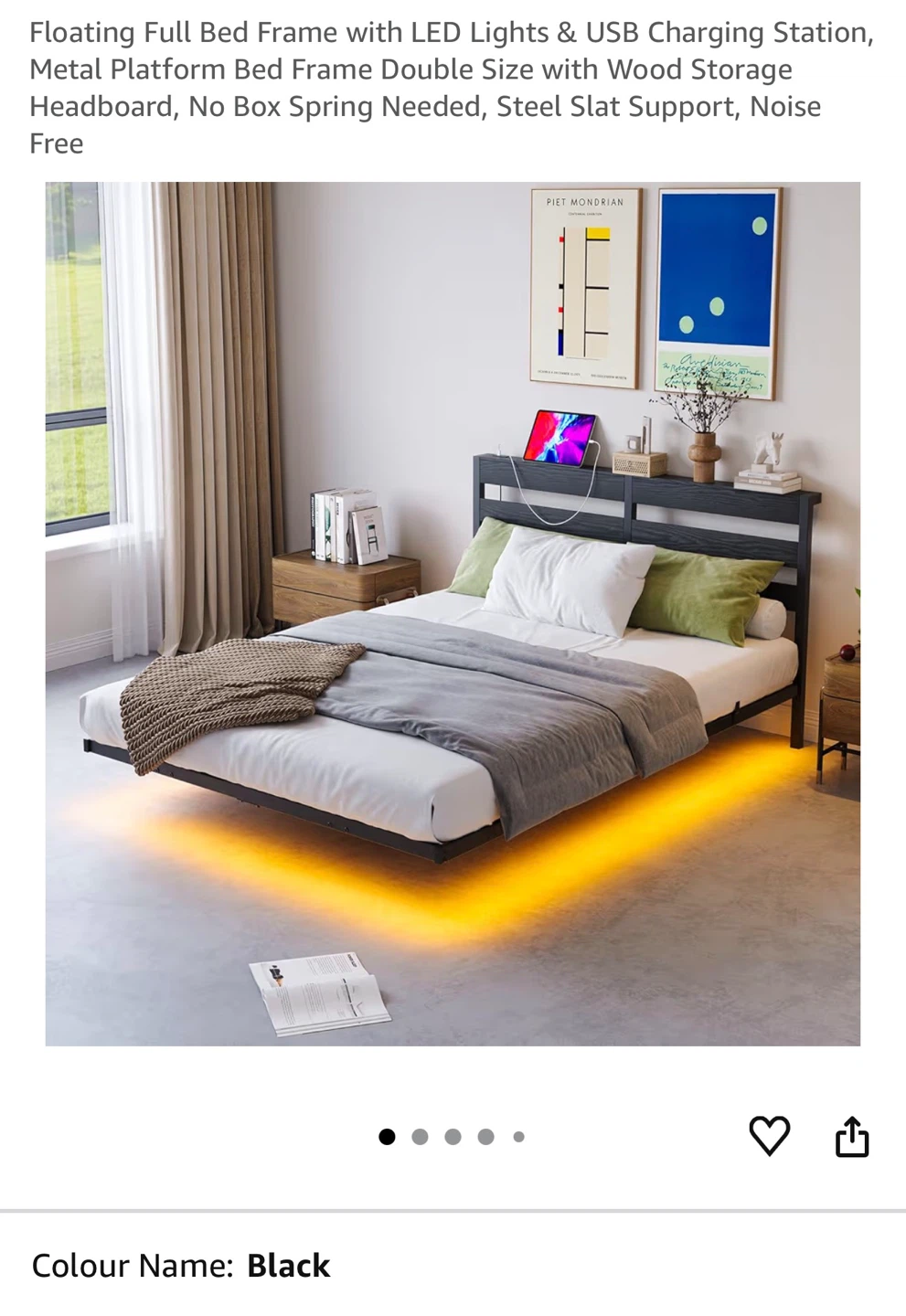 Full Bed Frame with LED Lights and USB Charging - Black