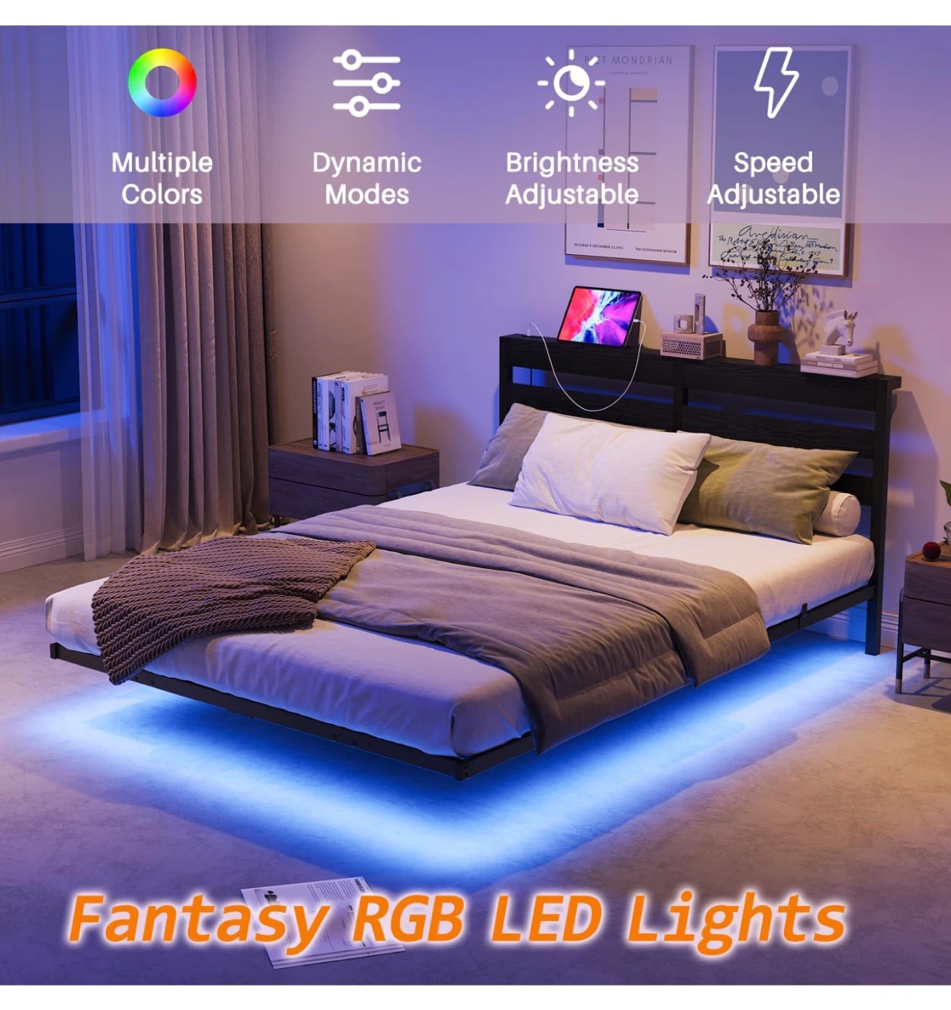 Full Bed Frame with LED Lights and USB Charging - Black - photo 5