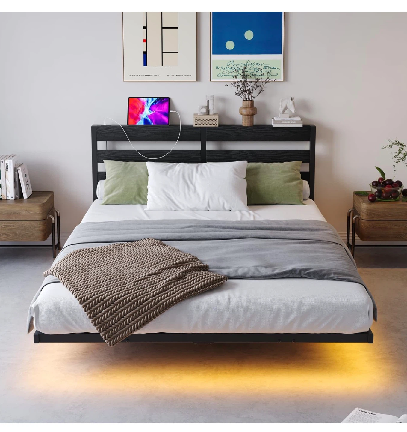 Full Bed Frame with LED Lights and USB Charging - Black - photo 4