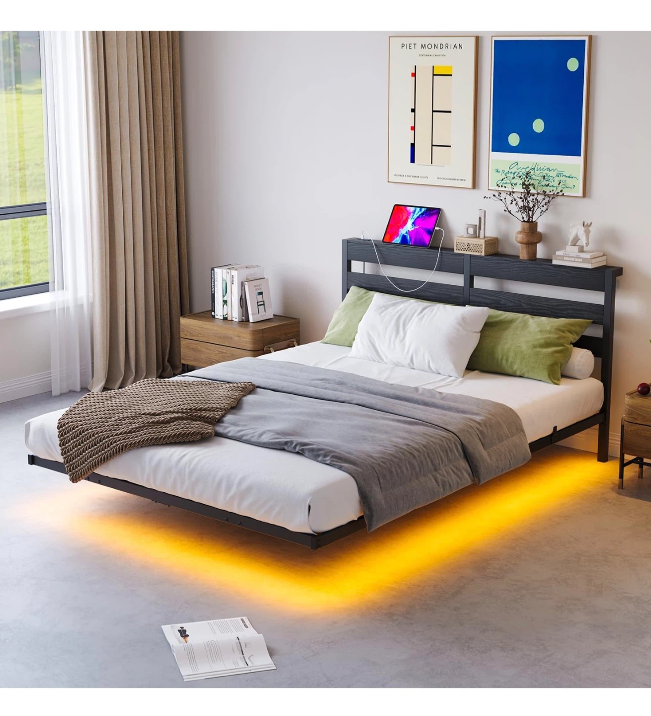 Full Bed Frame with LED Lights and USB Charging - Black - photo 2