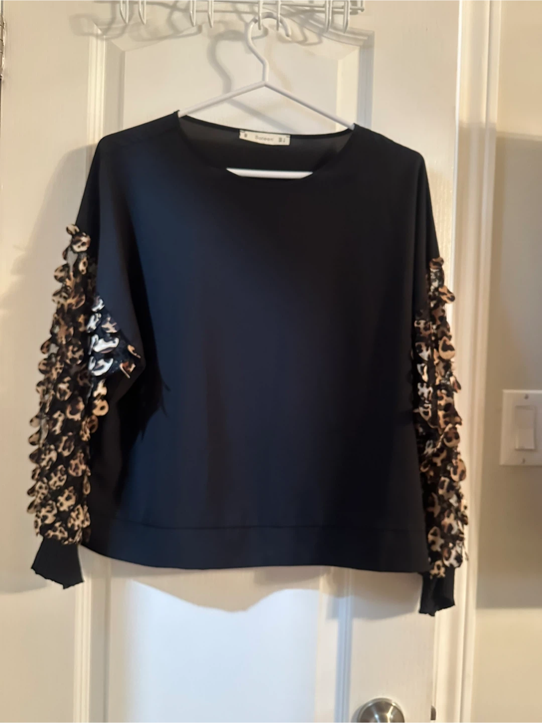 Black Long Sleeve Top with Leopard Print Detail