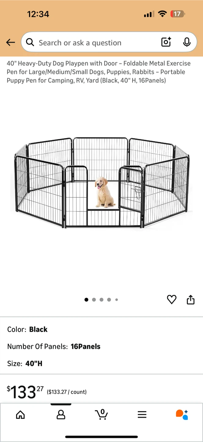 Dog Crate - Foldable Metal Exercise Pen - Black 40"H
