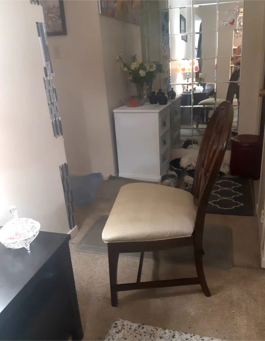 Wooden Dining Chair with Beige Cushion.