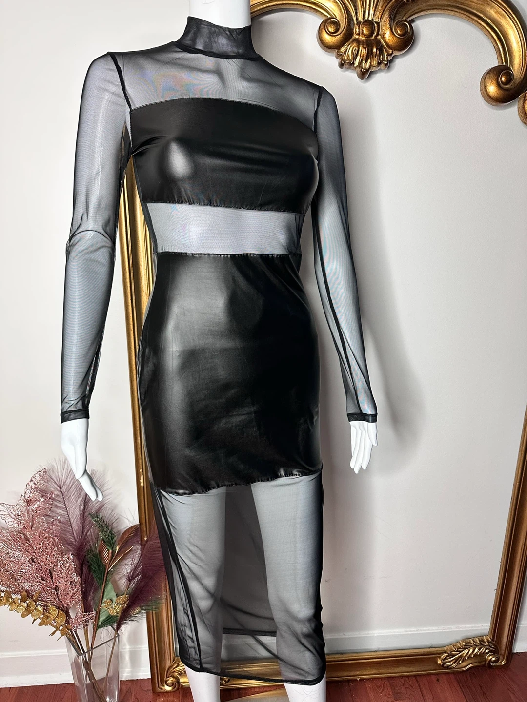 Black Mesh & Faux Leather Dress
