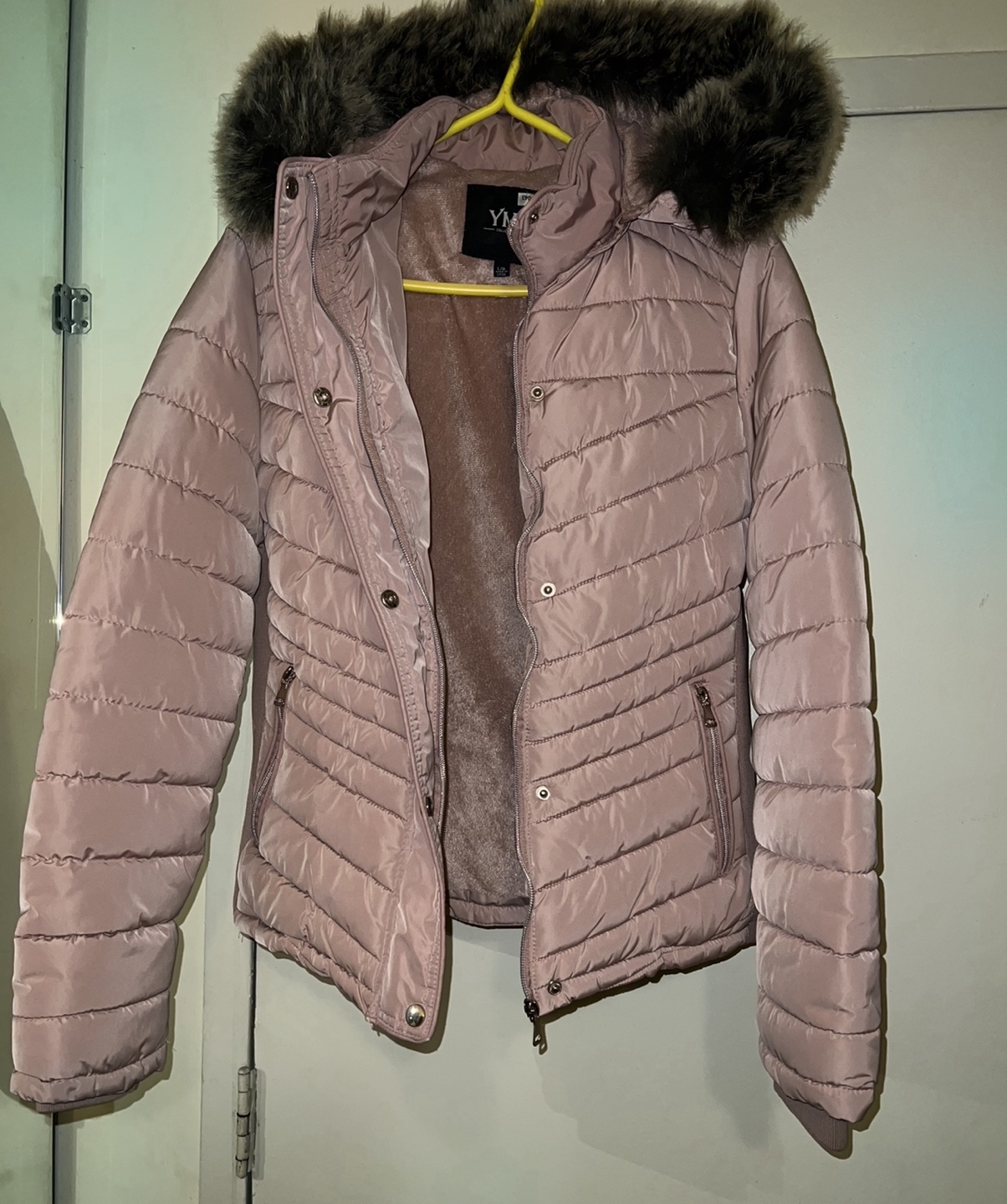 YM Pink Puffer Jacket with Faux Fur Hood - Size S