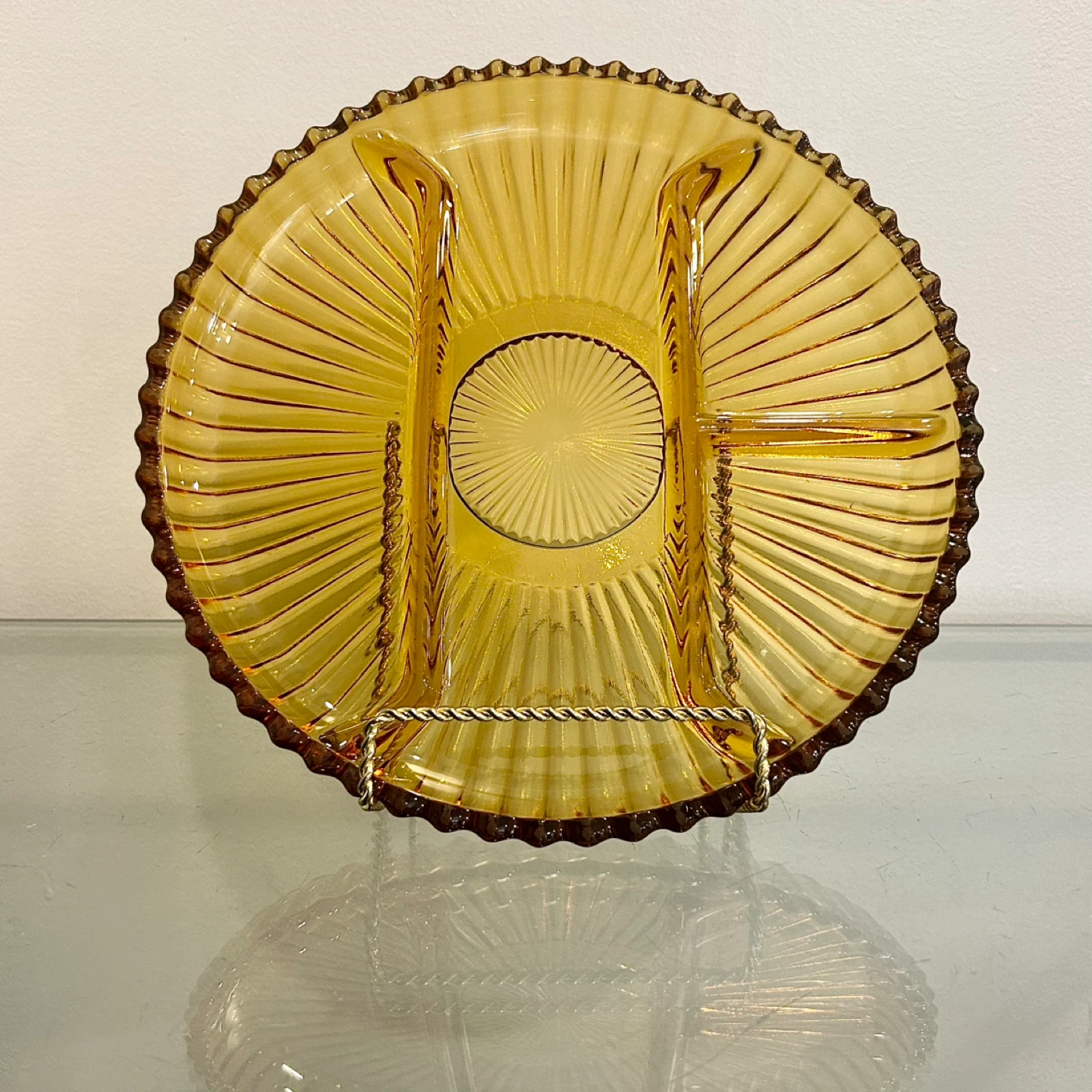 19th C Amber Pressed Glass Dish, Wooden Mould, Hay Marks