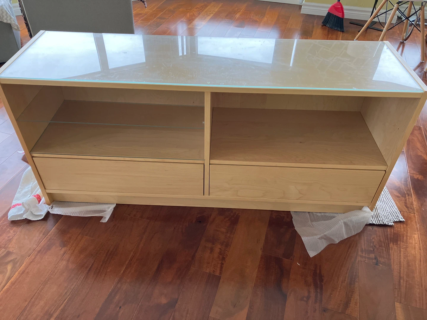 Light Wood TV Stand with Glass Shelves