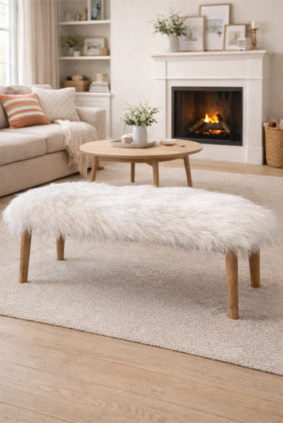 Faux Fur Bench with Wooden Legs