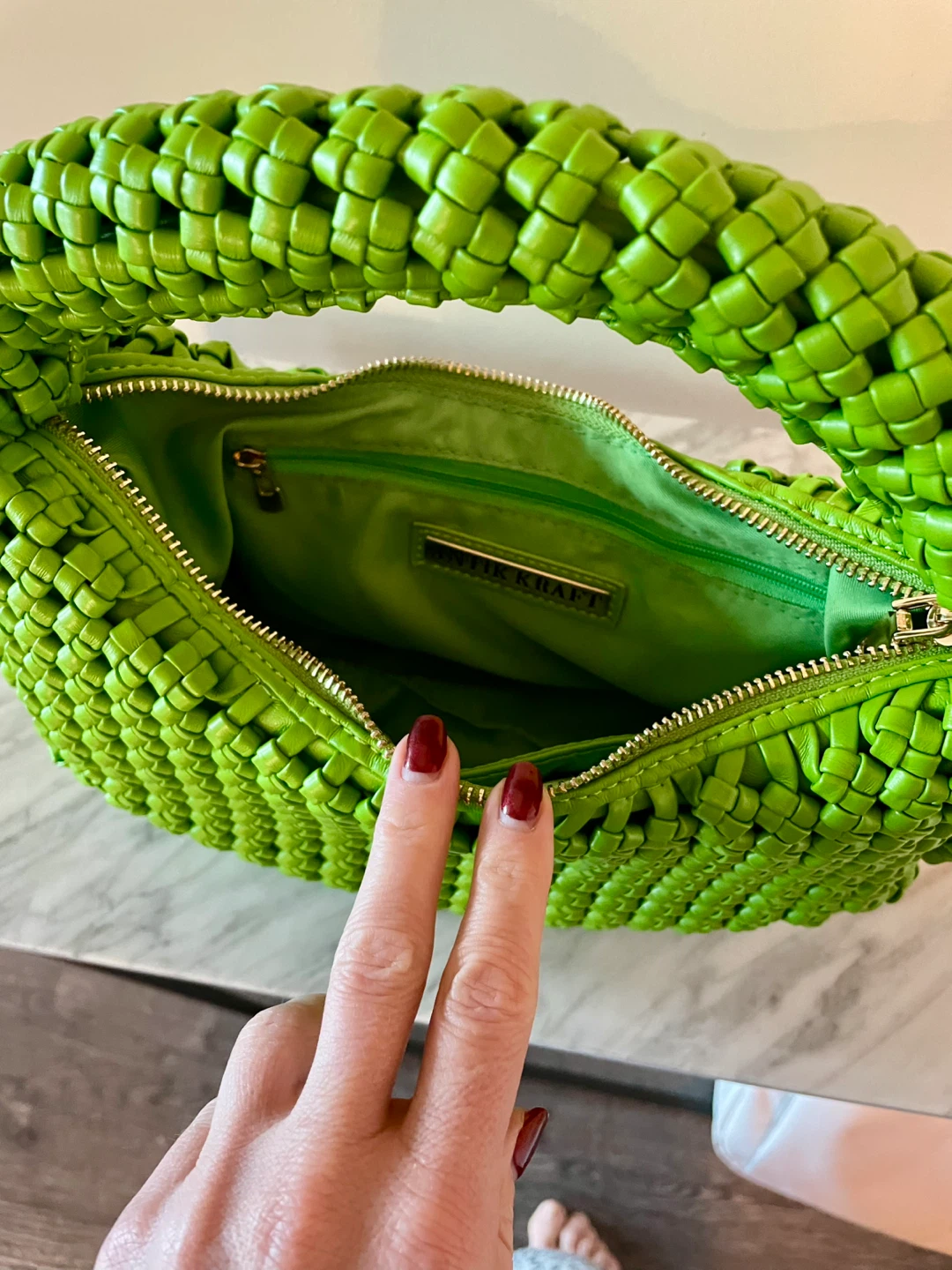 Woven Vegan Leather Handbag - Green - photo 2