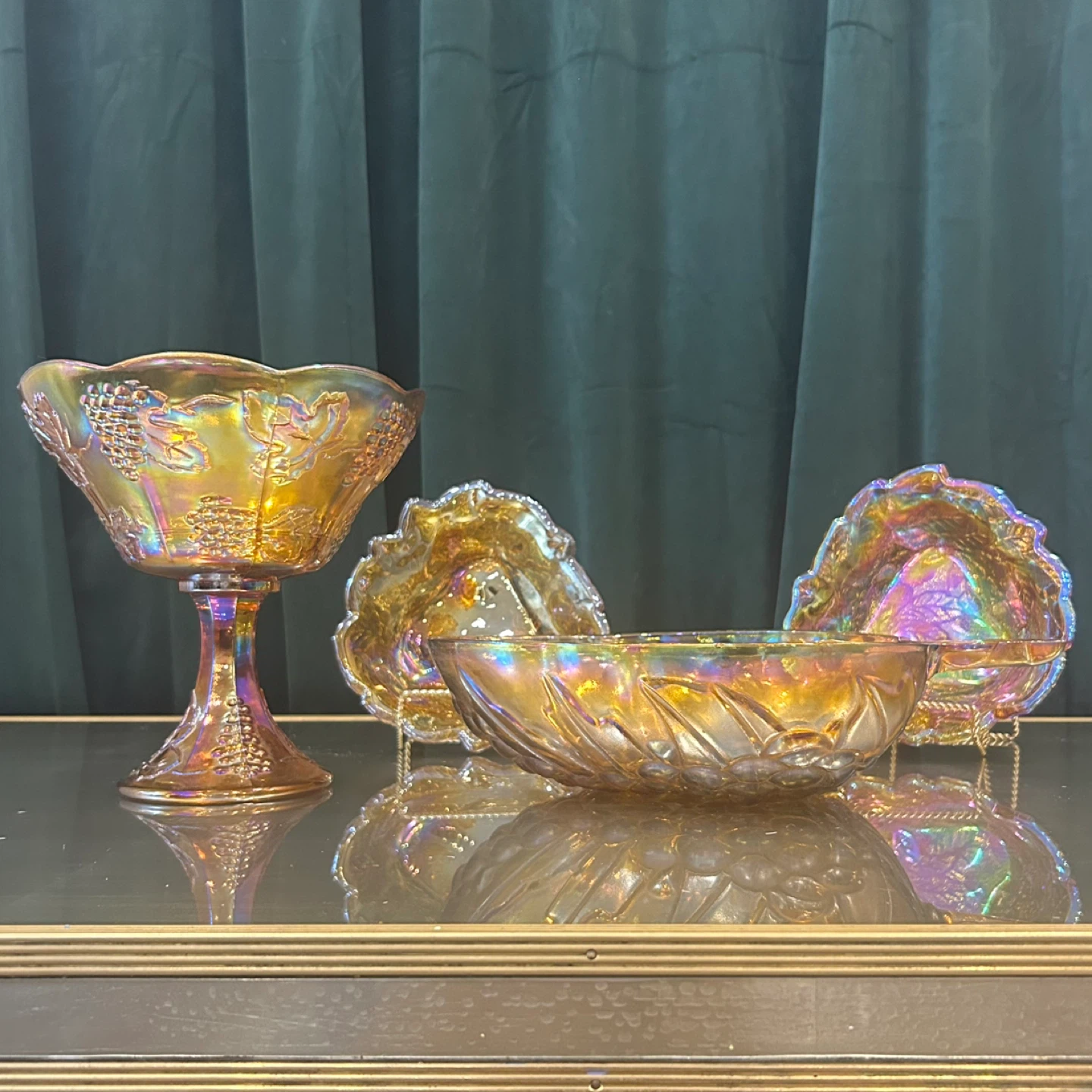 Antique Marigold Carnival Glass Grape & Cable Serving Set
