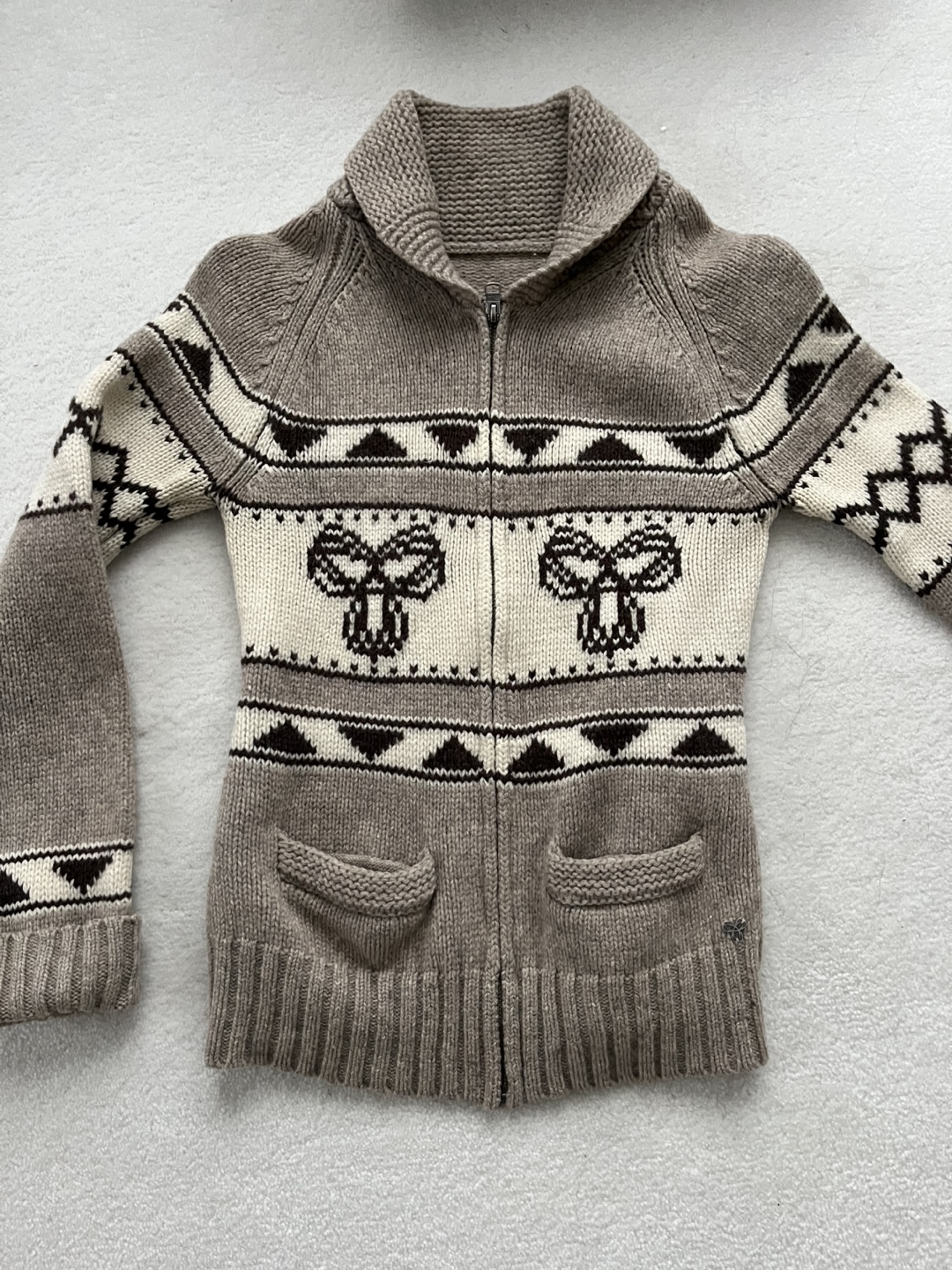 TNA 100% lambswool Patterned Knit Zip-Up Cardigan
