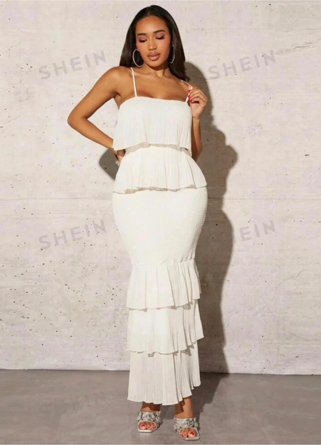 Shein White Ruffle Layered Maxi Dress