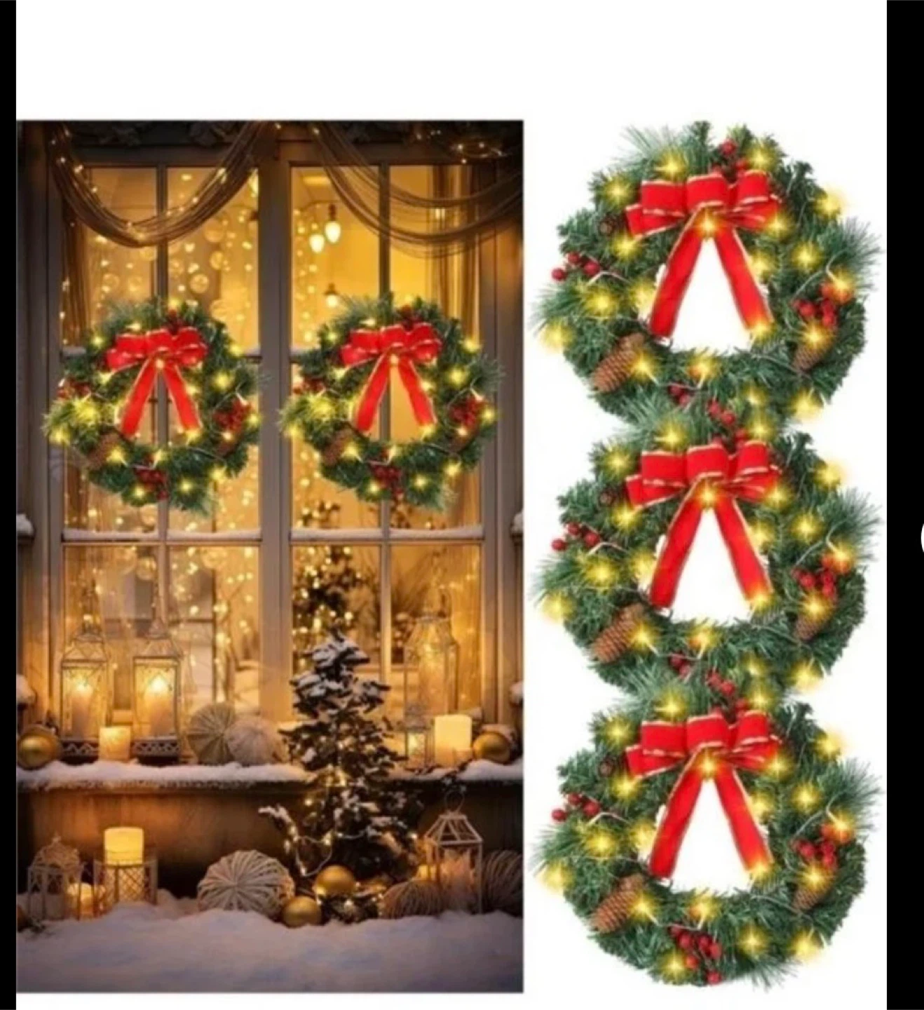 Christmas Wreath with Lights & Red Bow