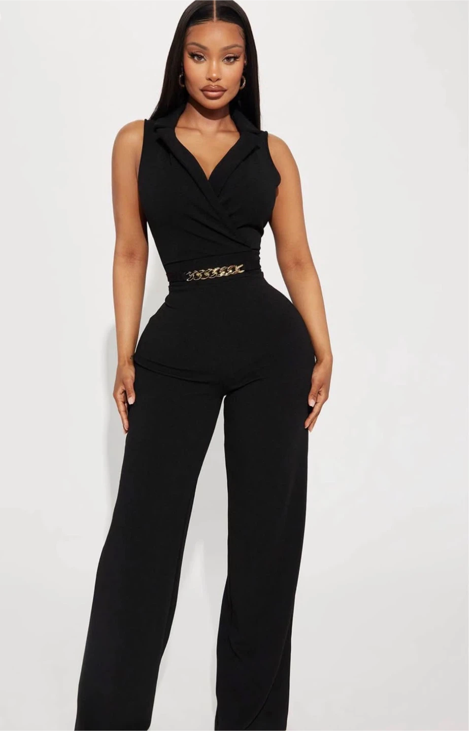 Black Jumpsuit with Gold Chain Belt