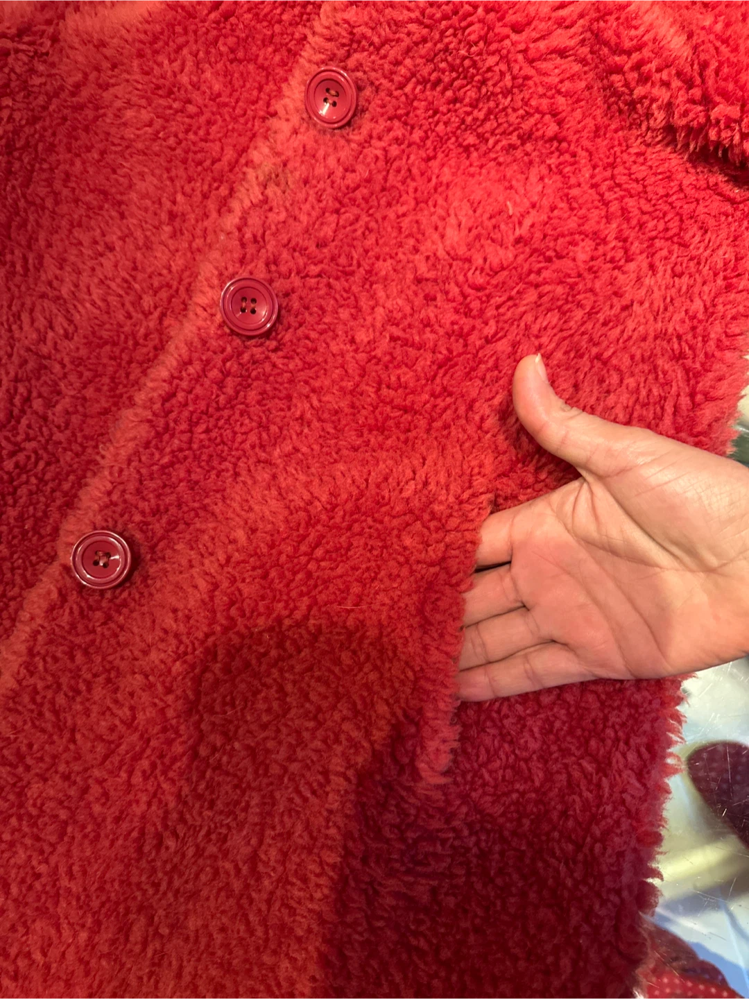 Red 100% Wool Teddy Coat Long Button Front Lamb Fleece - photo 4