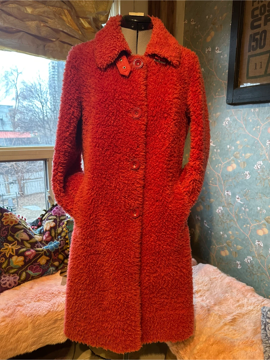 Red 100% Wool Teddy Coat Long Button Front Lamb Fleece - photo 5