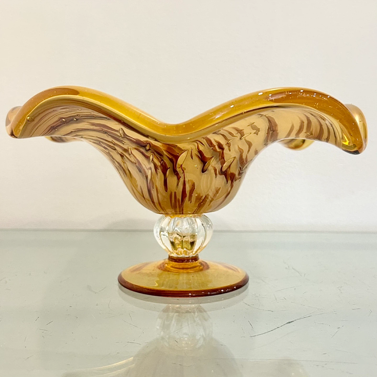 Mid-Century Murano Amber Alabastro Art Glass Tazza Bowl