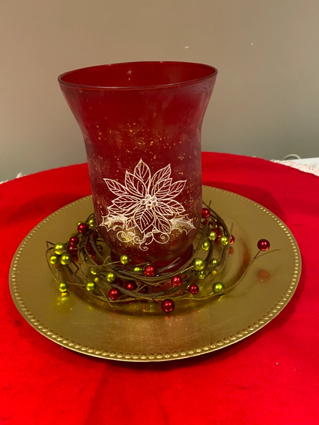 Red Glass Vase with poinsettia design