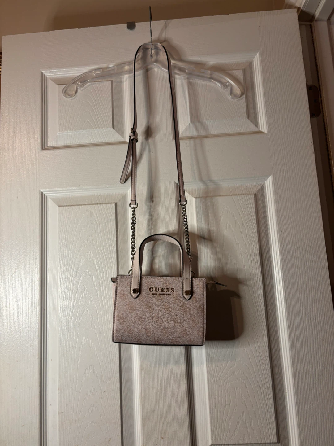GUESS Mini Satchel Crossbody – Blush Logo Canvas