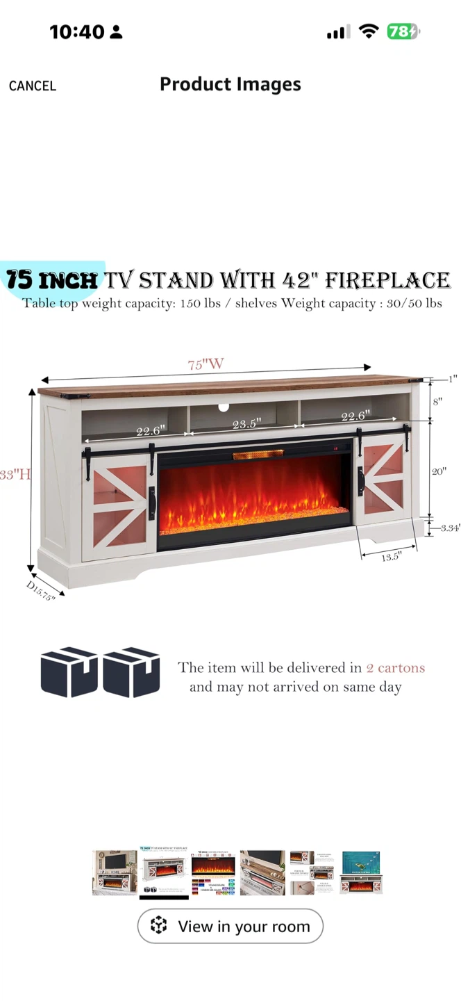 75 Inch TV Stand with 42" Fireplace