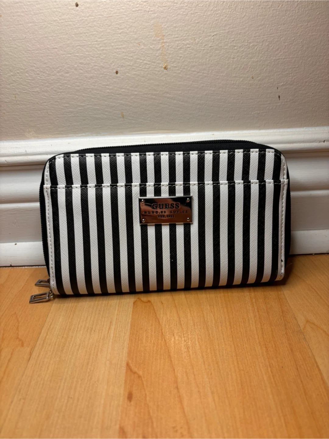 GUESS Black & White Striped Double-Zip Wallet