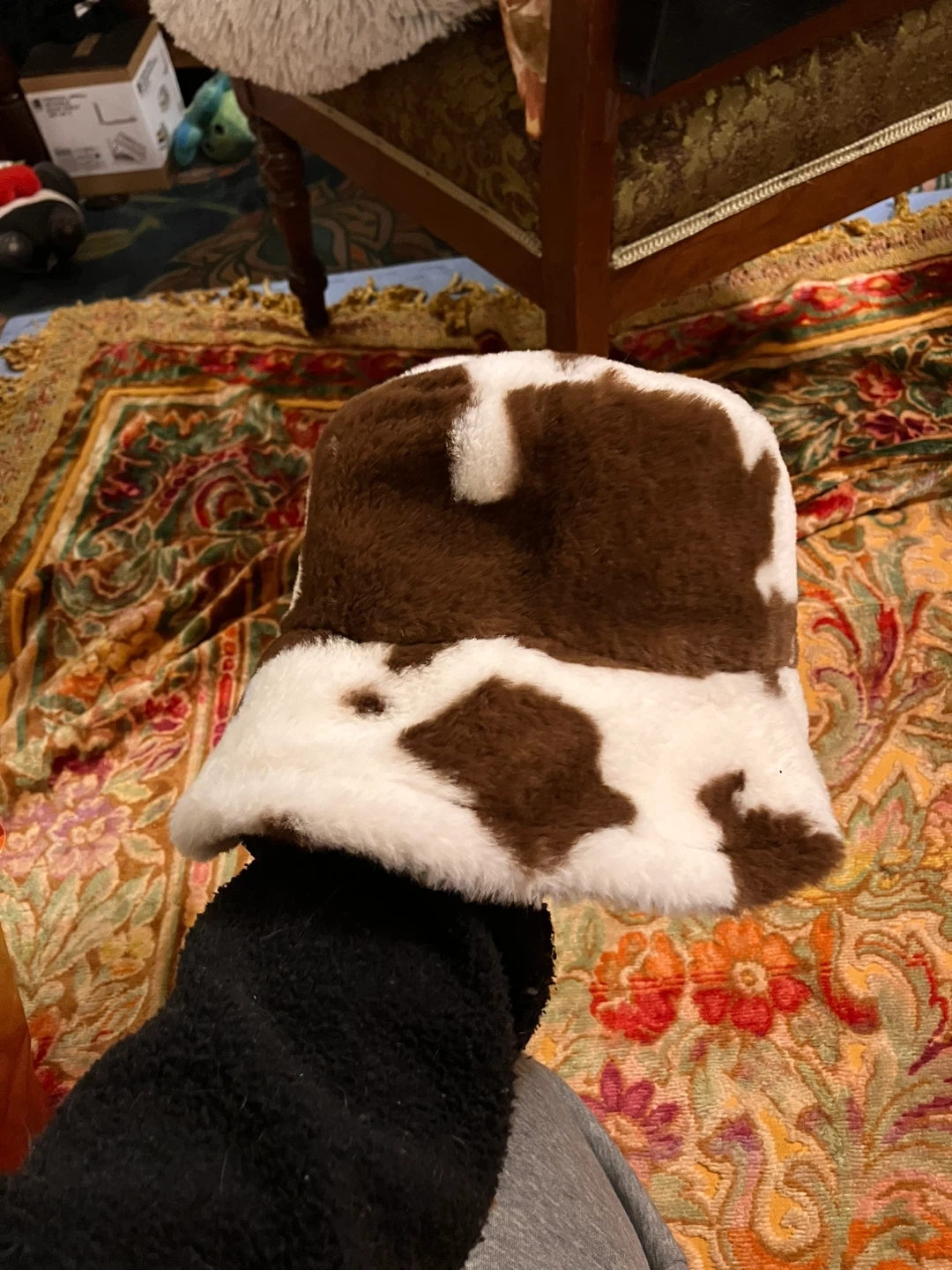 Fuzzy cow print bucket hat