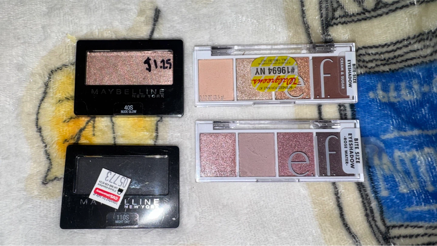 Maybelline Nude Glow & Night Sky, e.l.f. Bite Size Eyeshadow