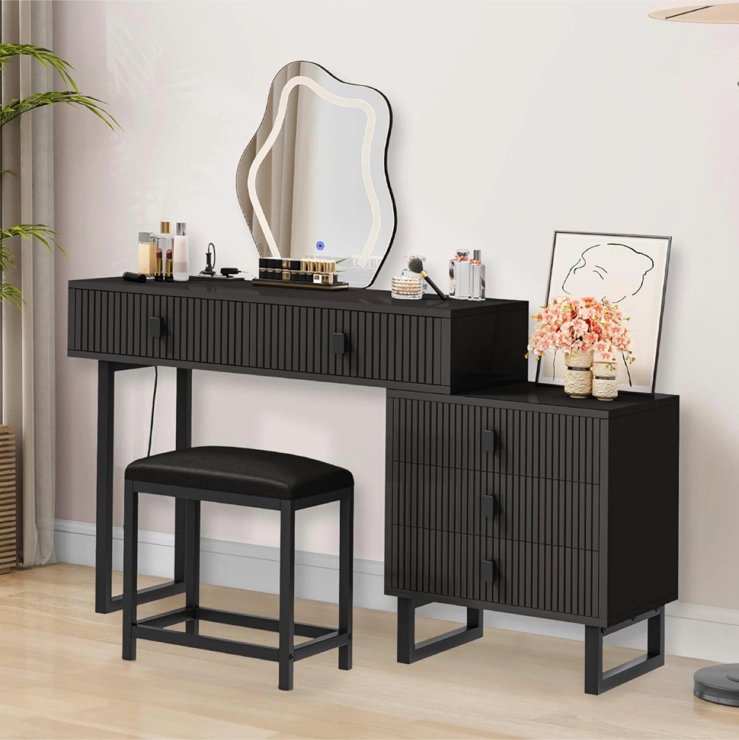 Black Vanity Desk with Mirror & Stool
