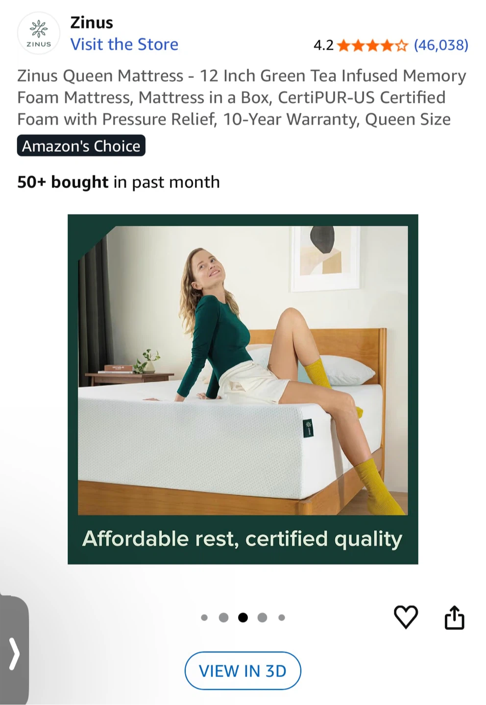 Zinus Queen 12-Inch Green Tea Memory Foam Mattress