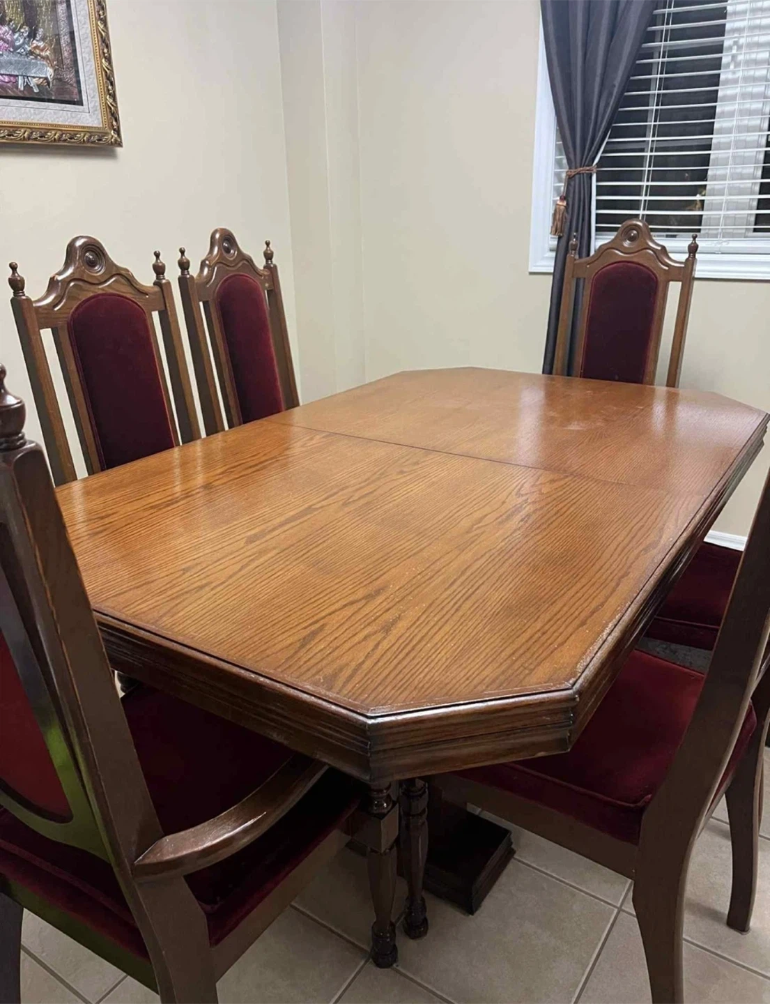 Dining Table with 6 Chairs - Wood & Burgundy