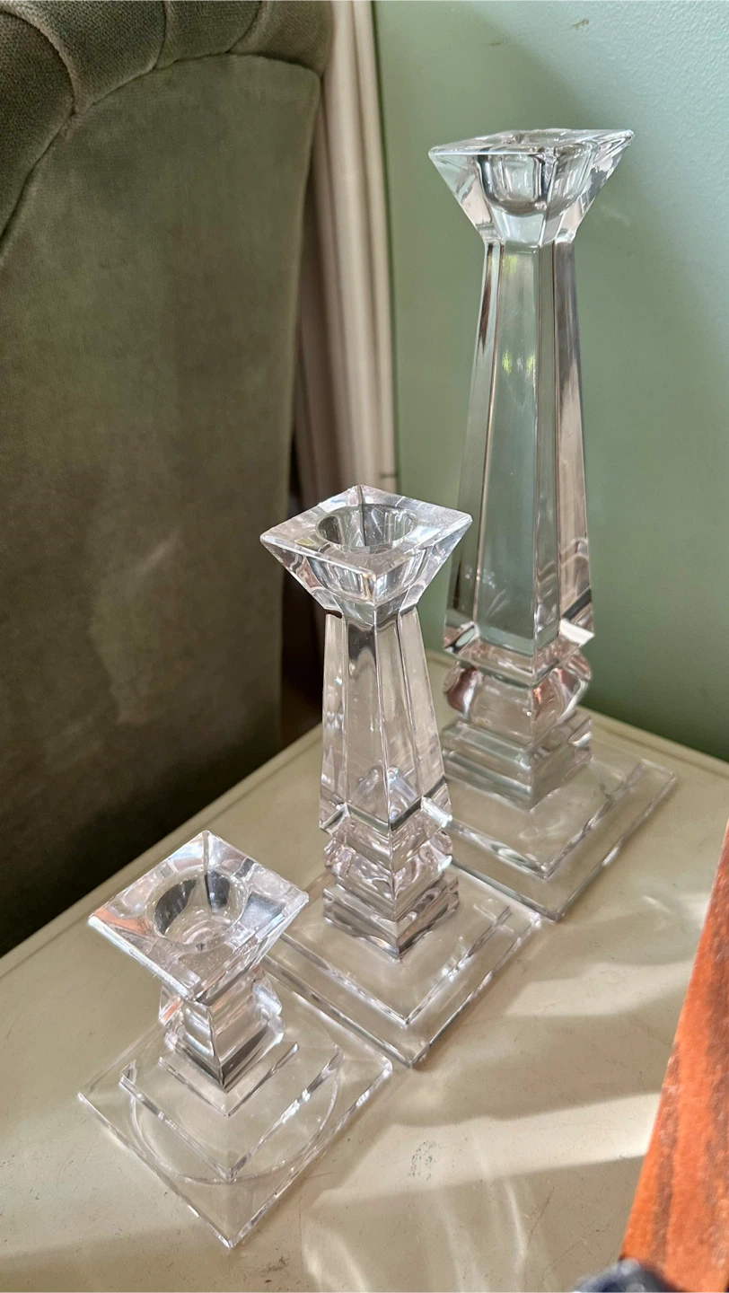 Set of 3 Clear Glass Candlestick Holders