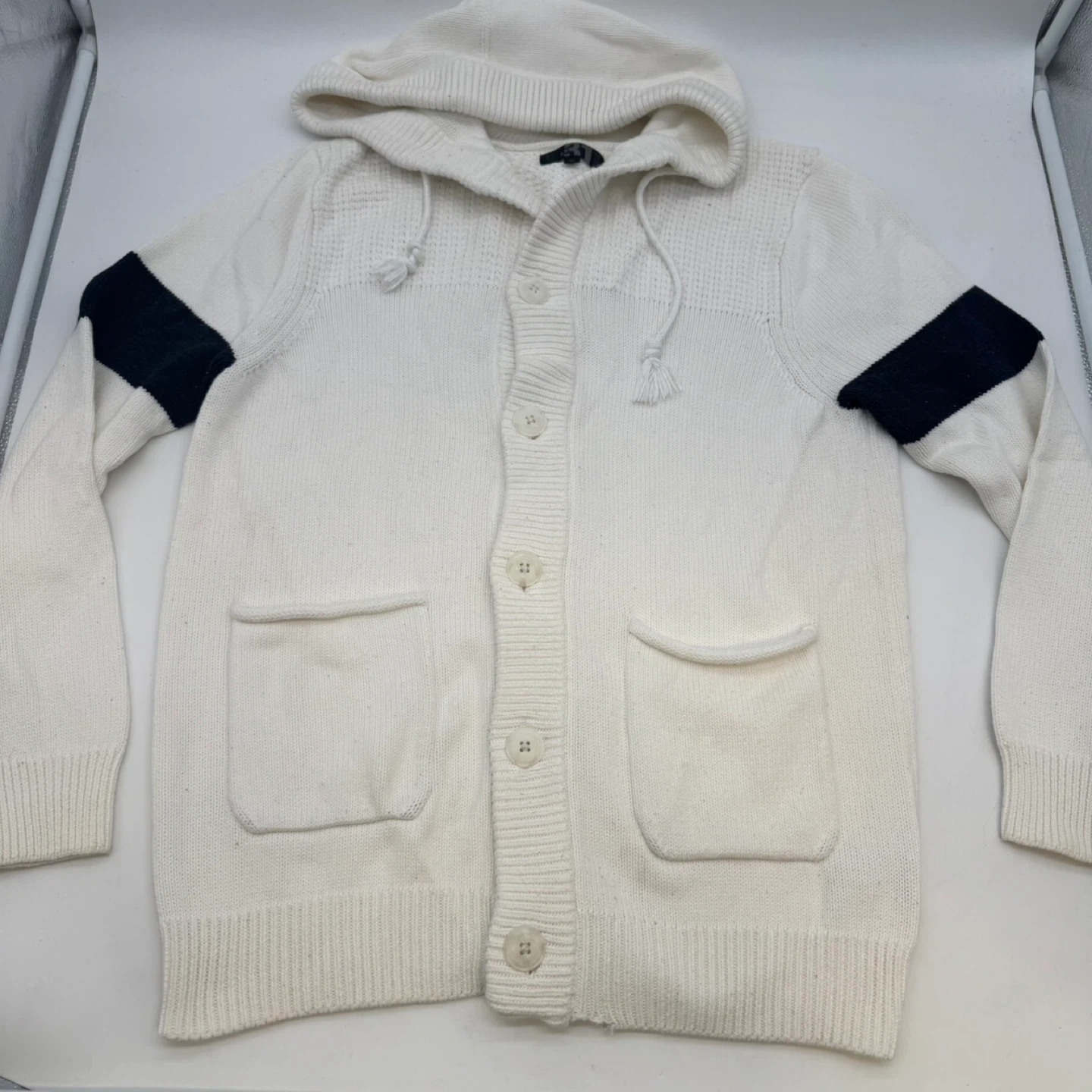 Men’s Cream Hooded Knit Cardigan Sweater Size L 100% Cotton - photo 3