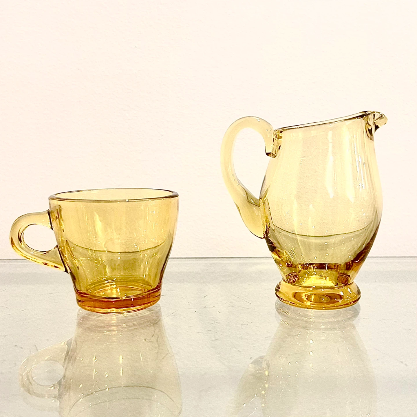 Vintage Amber Glass Creamer & Cup Set, Applied Handles