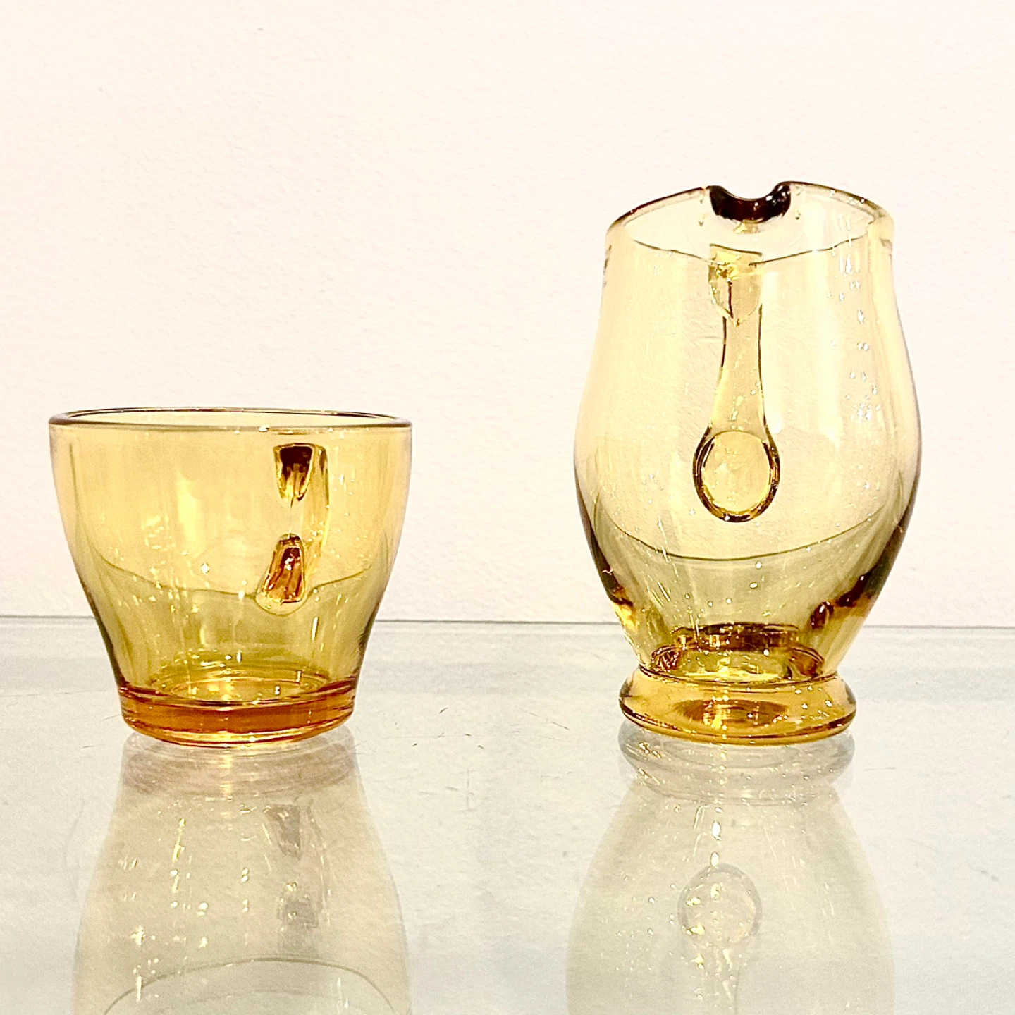 Vintage Amber Glass Creamer & Cup Set, Applied Handles - photo 2
