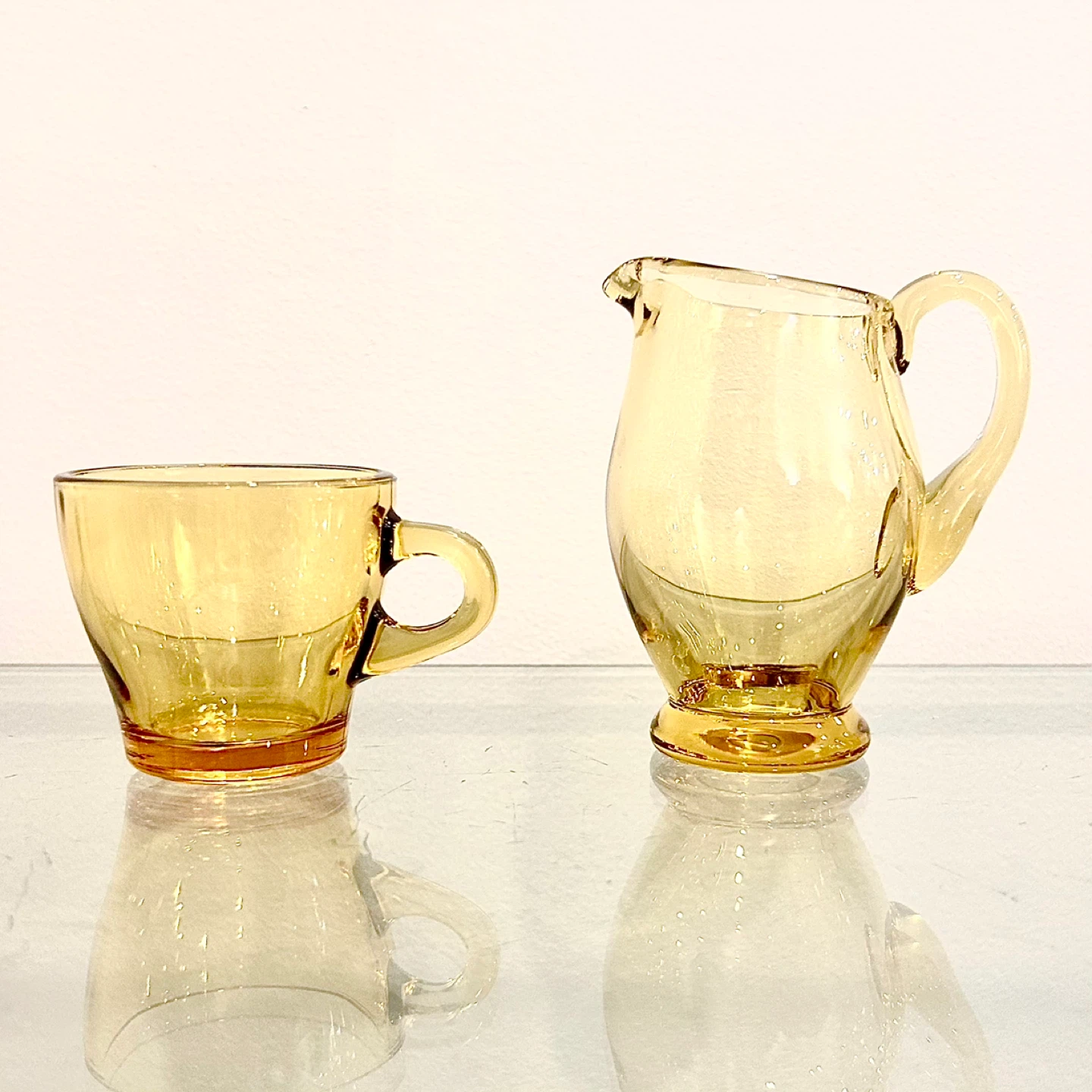 Vintage Amber Glass Creamer & Cup Set, Applied Handles - photo 3