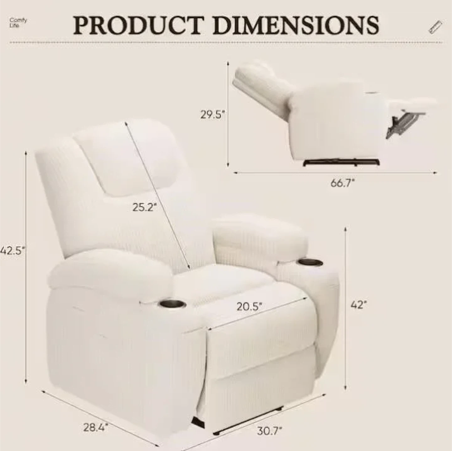 Corduroy Fabric Recliner Chair with Massage and Cup Holders - photo 5