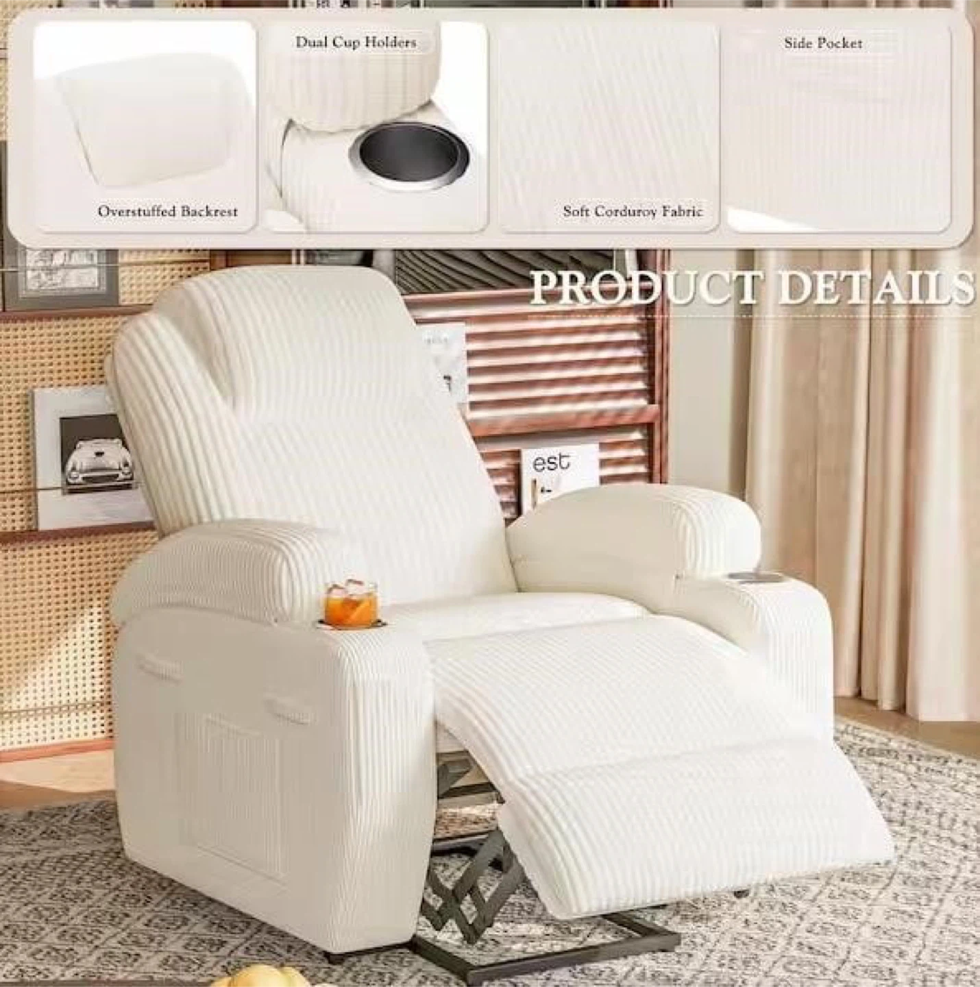 Corduroy Fabric Recliner Chair with Massage and Cup Holders - photo 4