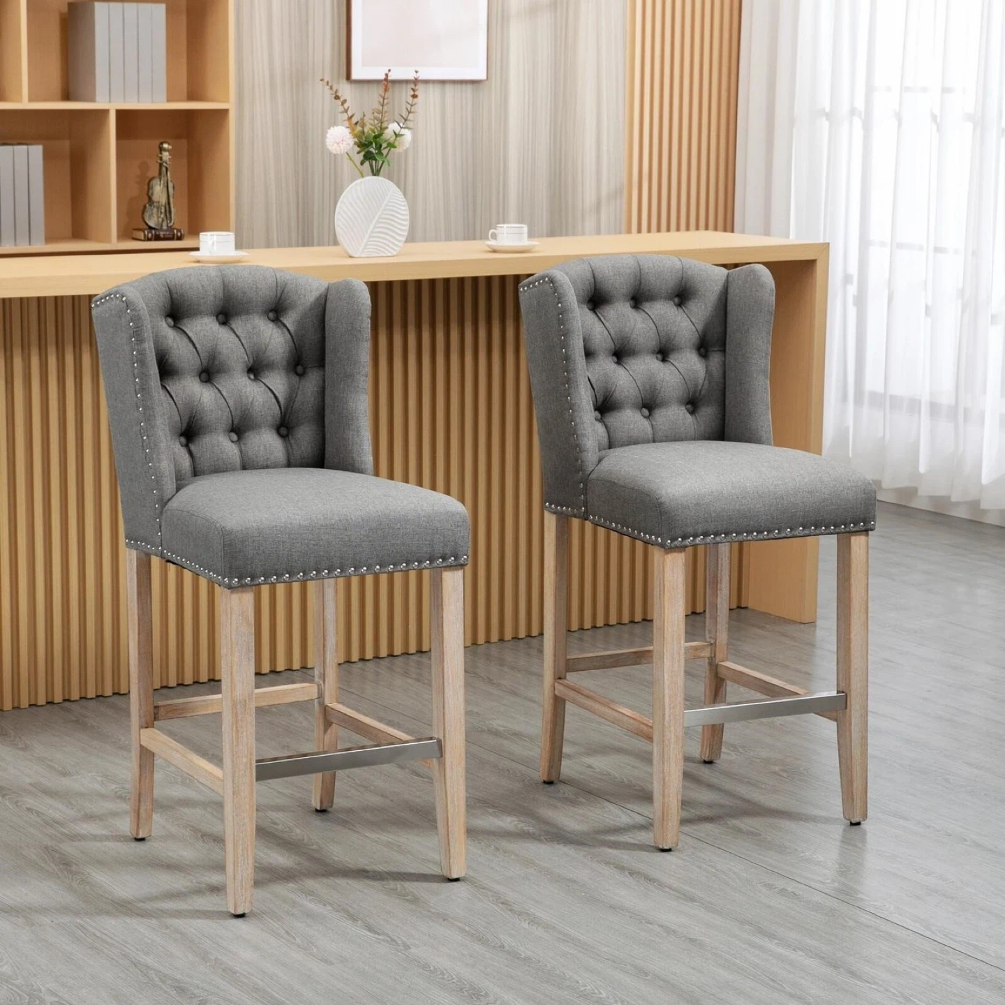 Grey Upholstered Bar Stools (Set of 2) - photo 2