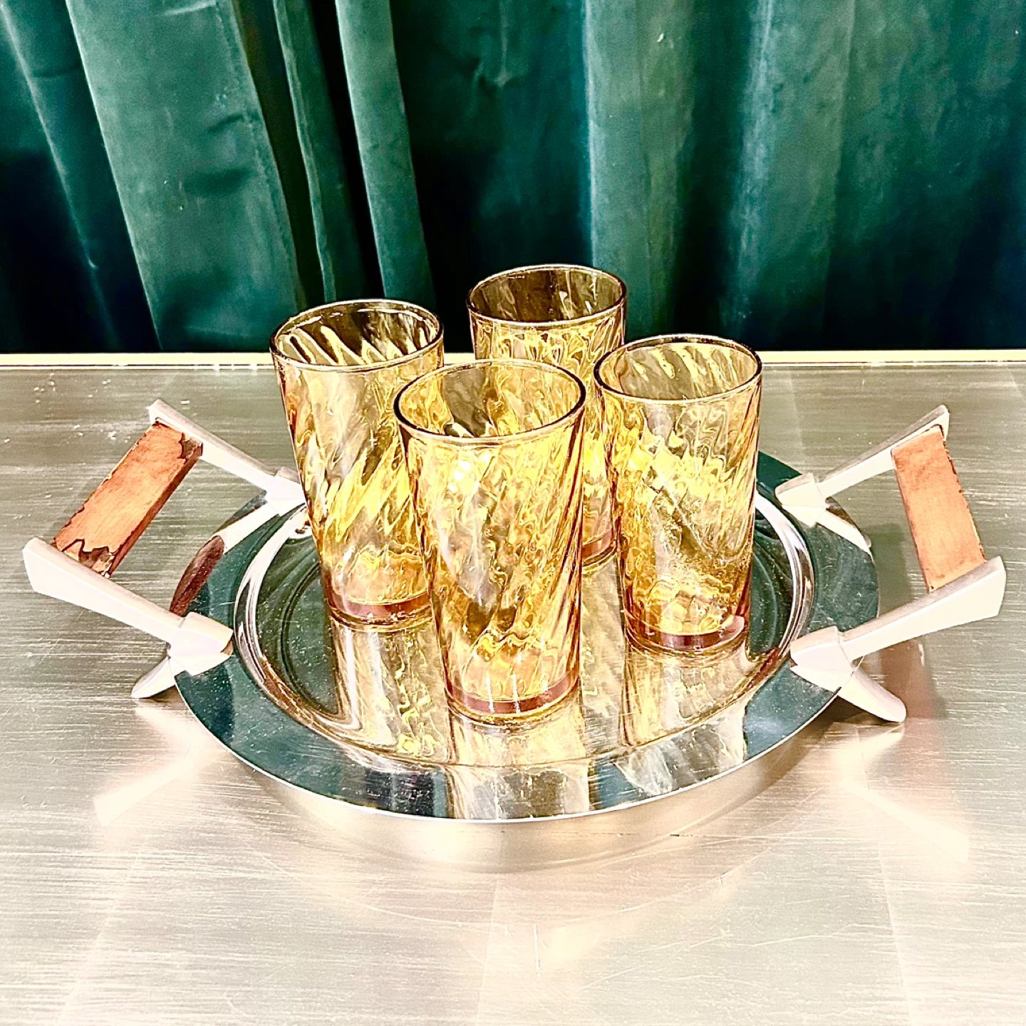 Vintage Amber Swirl Tumblers (Set of 4) Mid-Century Art Glass
